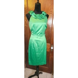 Stacy Adams Green Satin Ruffled Neck Sheath Dress